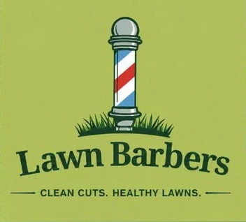 Lawn Barbers logo with classic barber pole and the words Clean Cuts. Healthy Lawns.